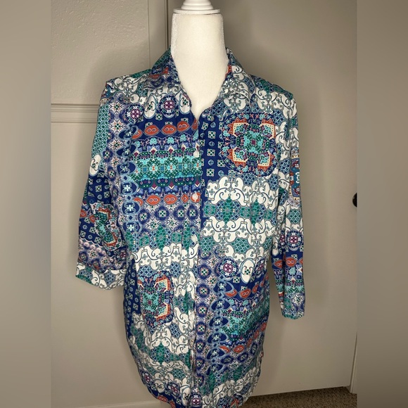 S Chico's Blue and White 3/4 Sleeve Graphic Tunic size 2 or L - Picture 4 of 11